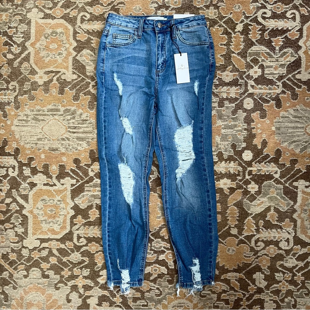 Jelly Jeans Winona High Rise Light Indigo Blue Denim Distressed Straight Jeans